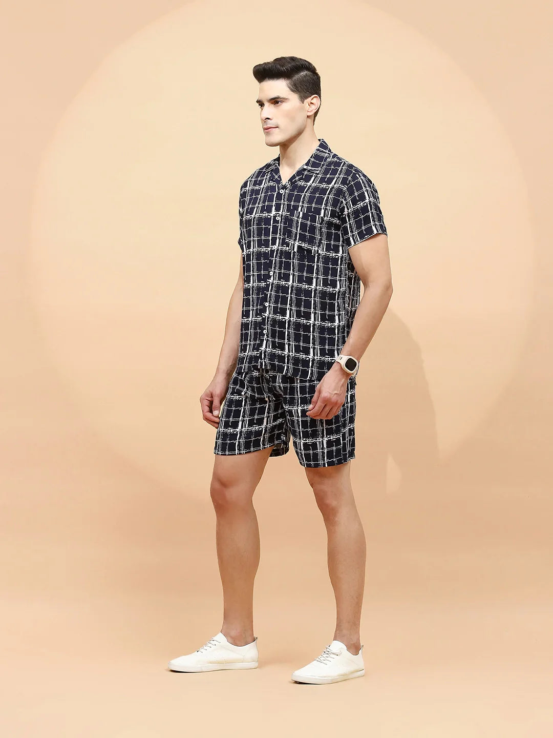 Navy Cotton Blend Regular Fit Shorts Set For Men - Global Republic