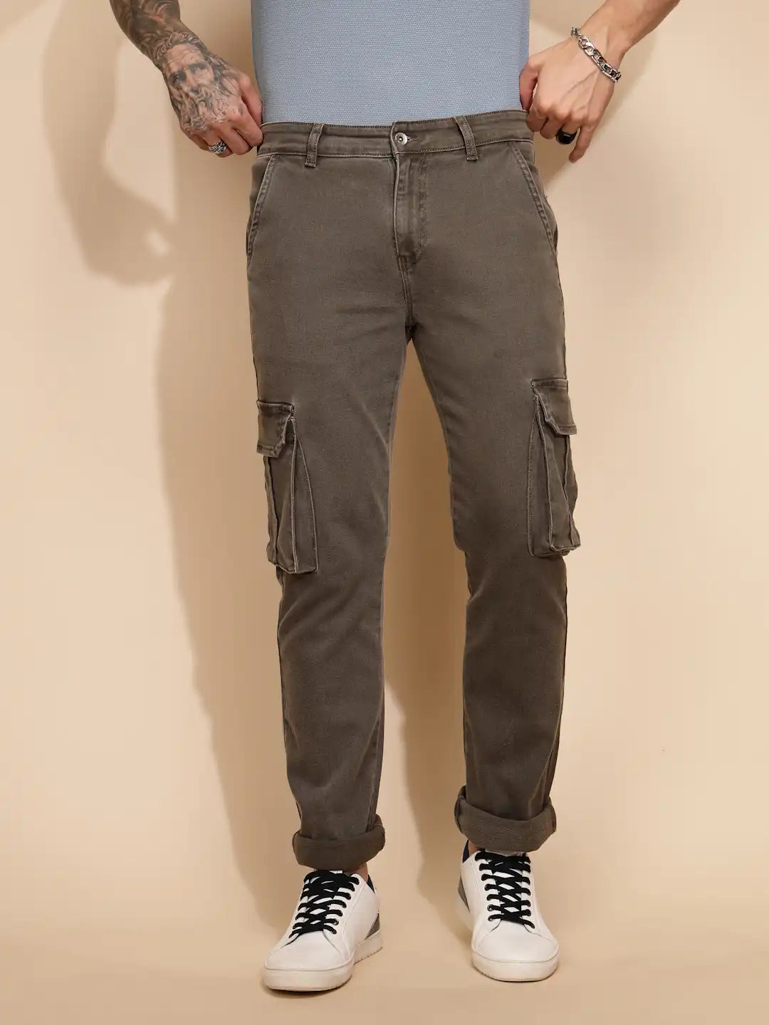 Grey Cotton Blend Regular Fit Cargo Pant For Men