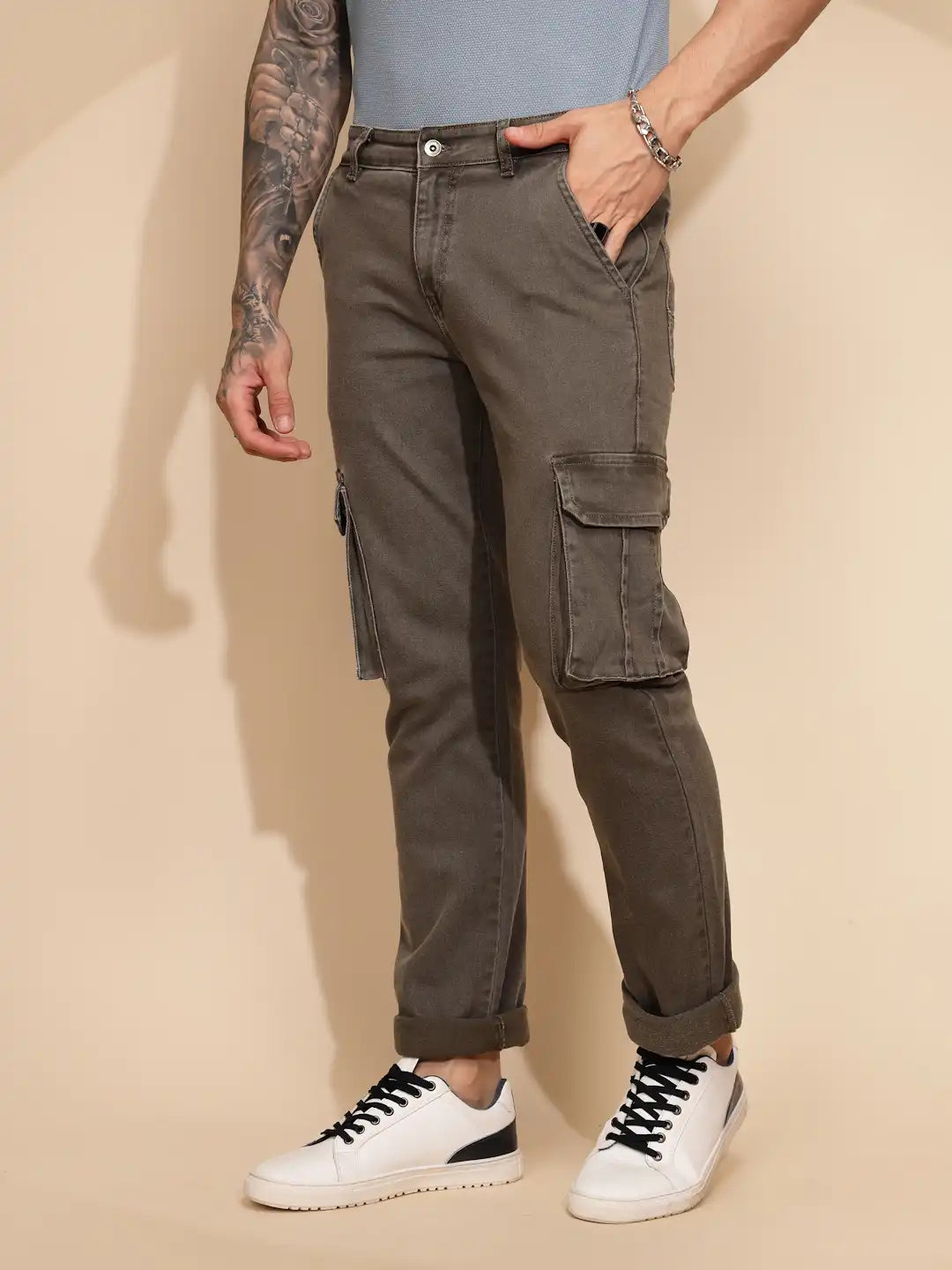 Grey Cotton Blend Regular Fit Cargo Pant For Men
