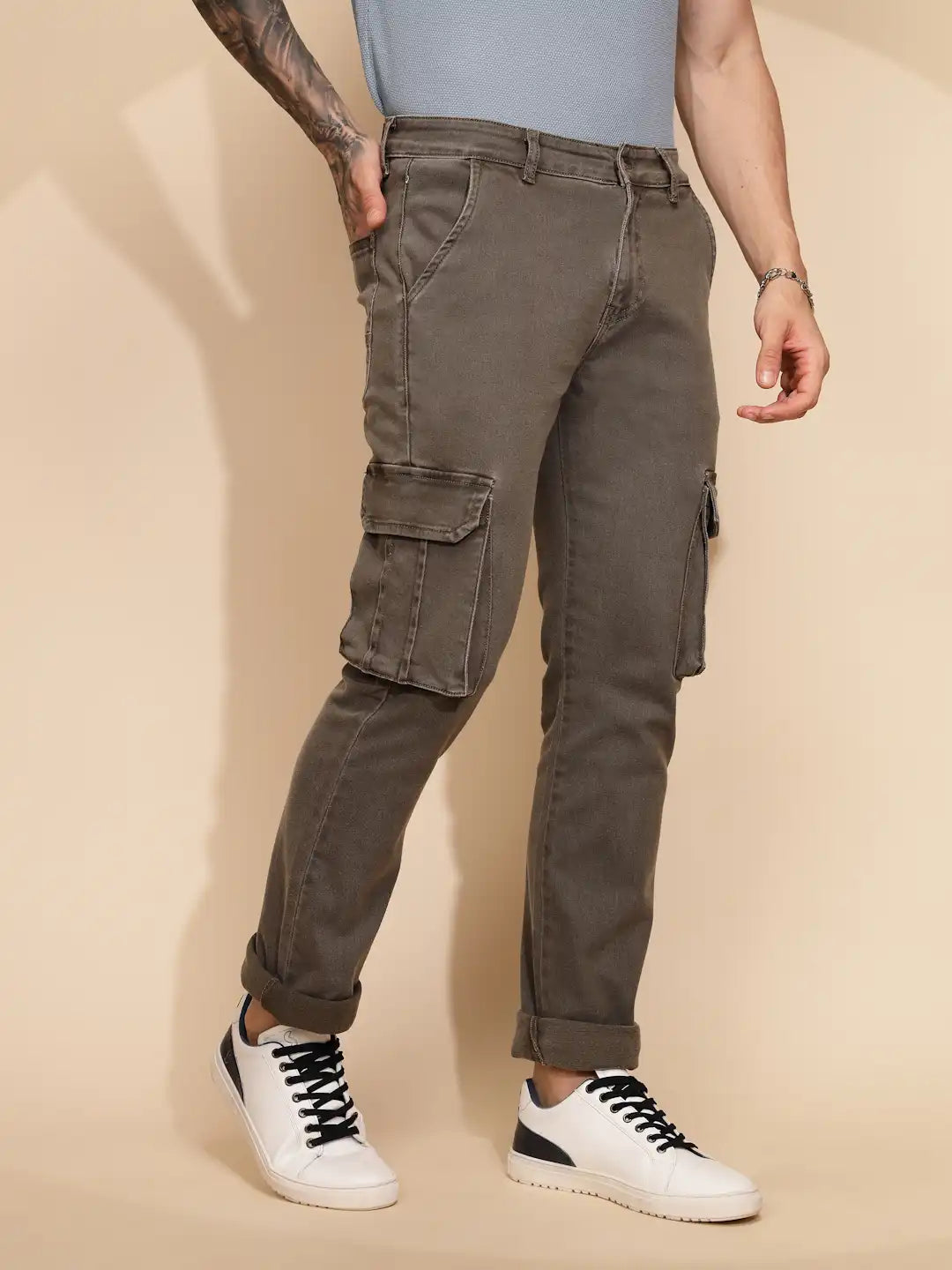 Grey Cotton Blend Regular Fit Cargo Pant For Men
