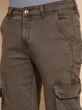 Grey Cotton Blend Regular Fit Cargo Pant For Men
