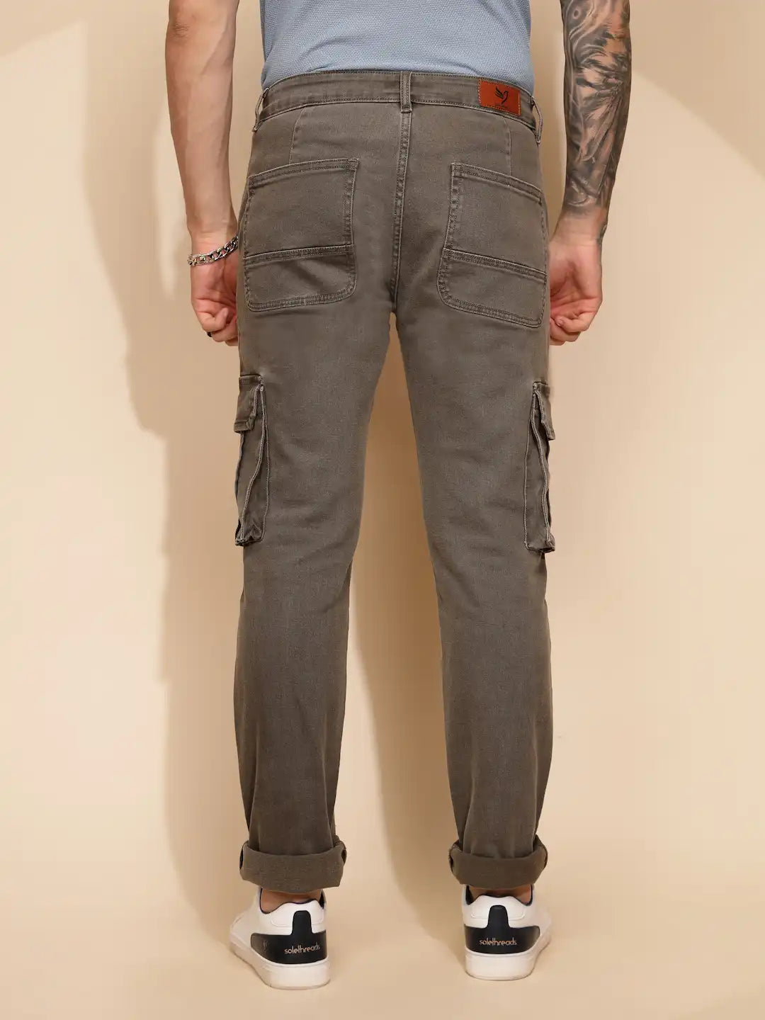 Grey Cotton Blend Regular Fit Cargo Pant For Men