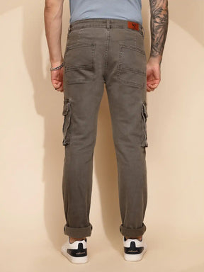 Grey Cotton Blend Regular Fit Cargo Pant For Men