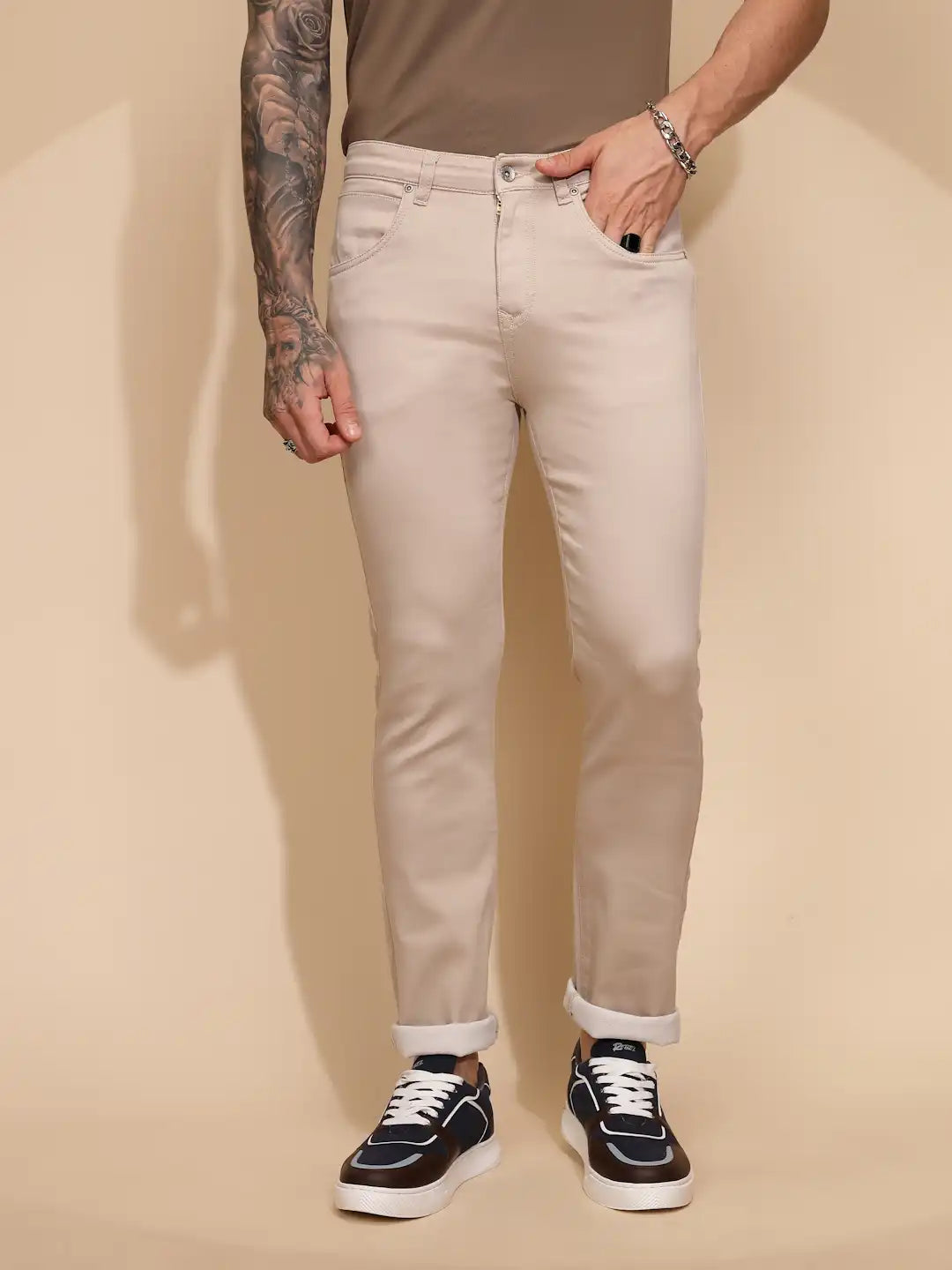 Fawn Cotton Blend Straight Fit Trouser For Men - Global Republic