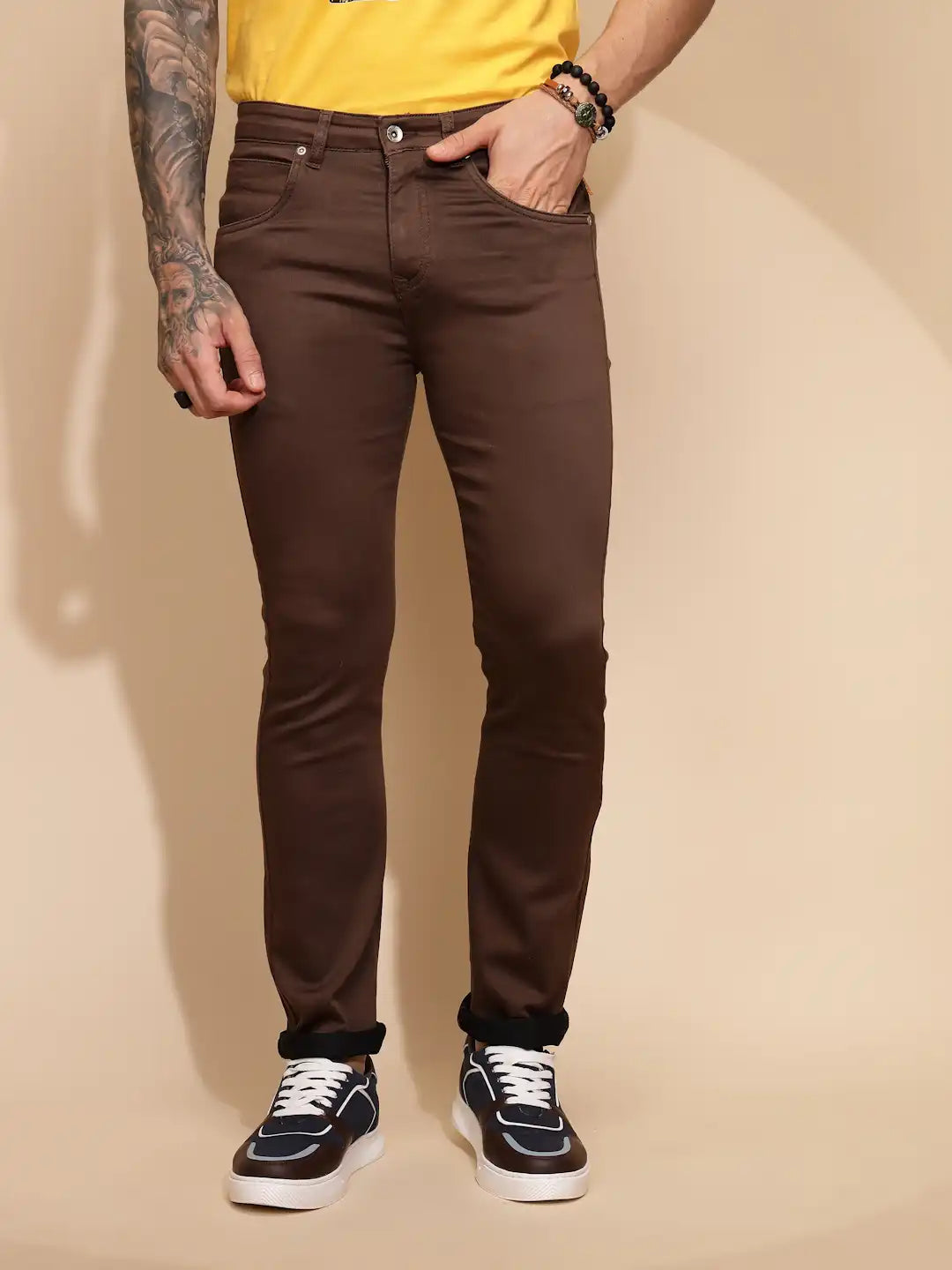 Mustard Cotton Blend Straight Fit Trouser For Men