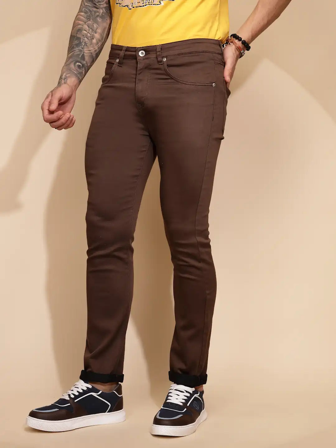 Mustard Cotton Blend Straight Fit Trouser For Men