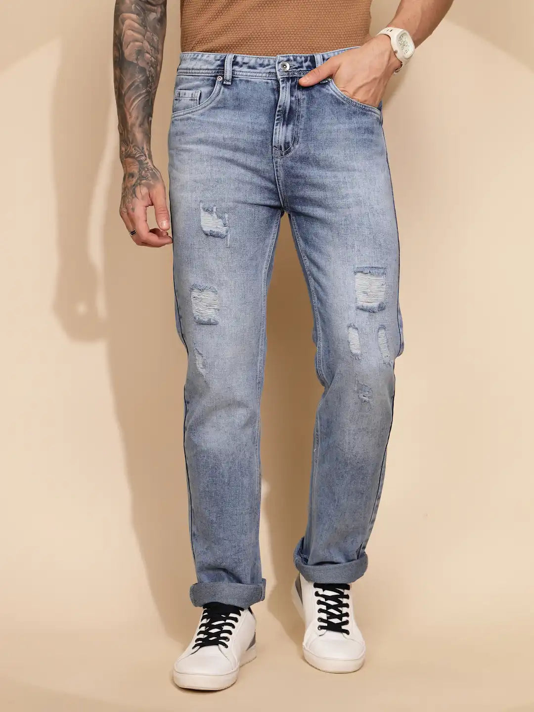 Blue Cotton Blend Straight Fit Jeans For Men