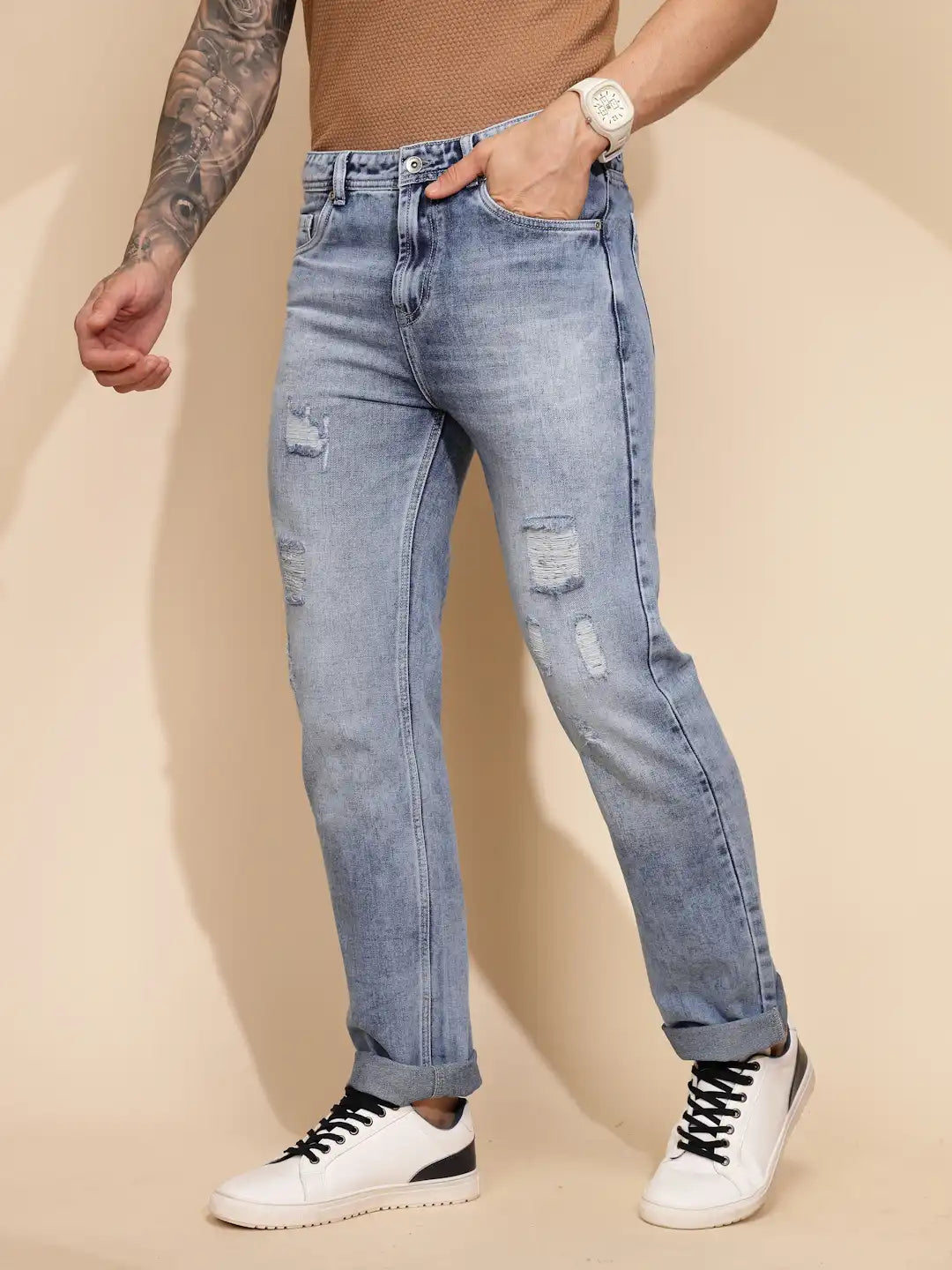 Blue Cotton Blend Straight Fit Jeans For Men