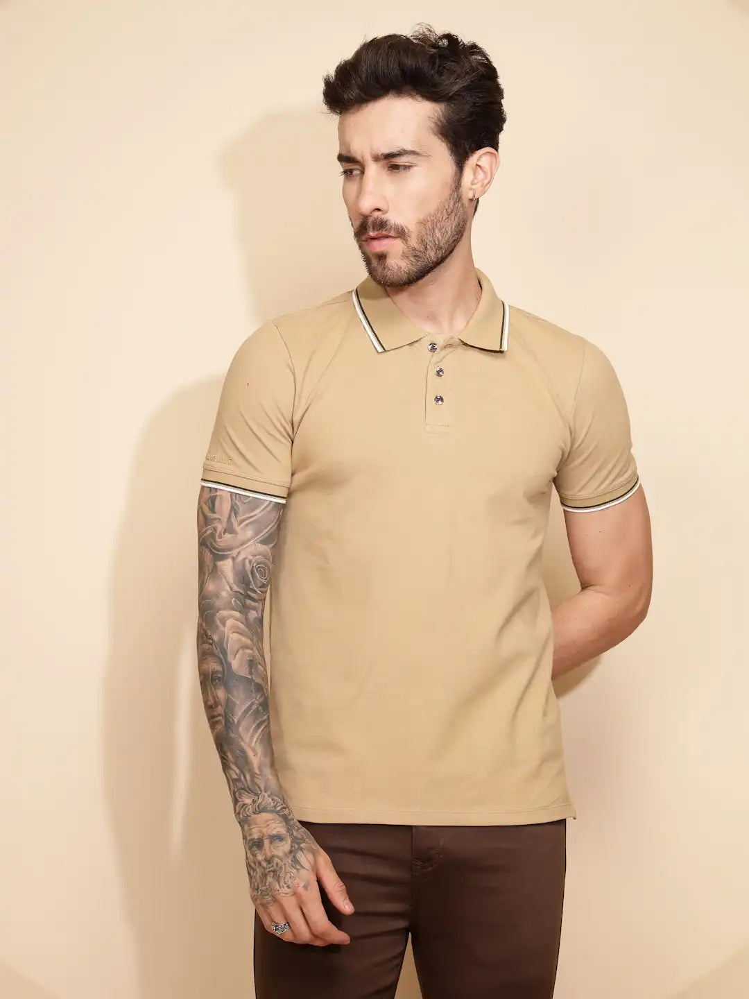 Khaki Cotton Regular Fit T-Shirt For Men
