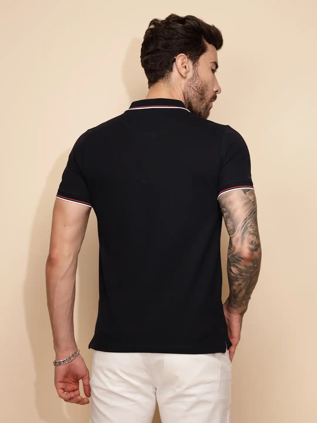 Navy Blue Cotton Blend Regular Fit T-Shirt For Men - Global Republic