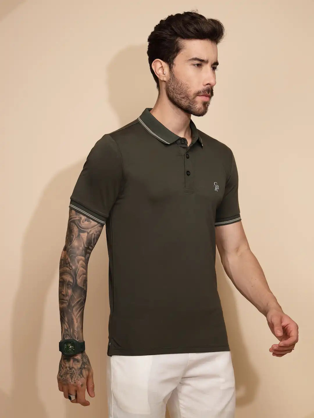 Olive Viscose Blend Regular Fit T-Shirt For Men