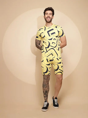 Yellow Viscose Blend Regular Fit Shorts Set For Men - Global Republic