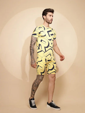 Yellow Viscose Blend Regular Fit Shorts Set For Men - Global Republic