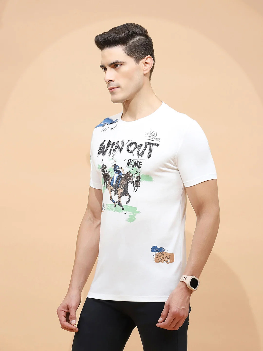 White Viscose Blend Regular Fit T-Shirt For Men