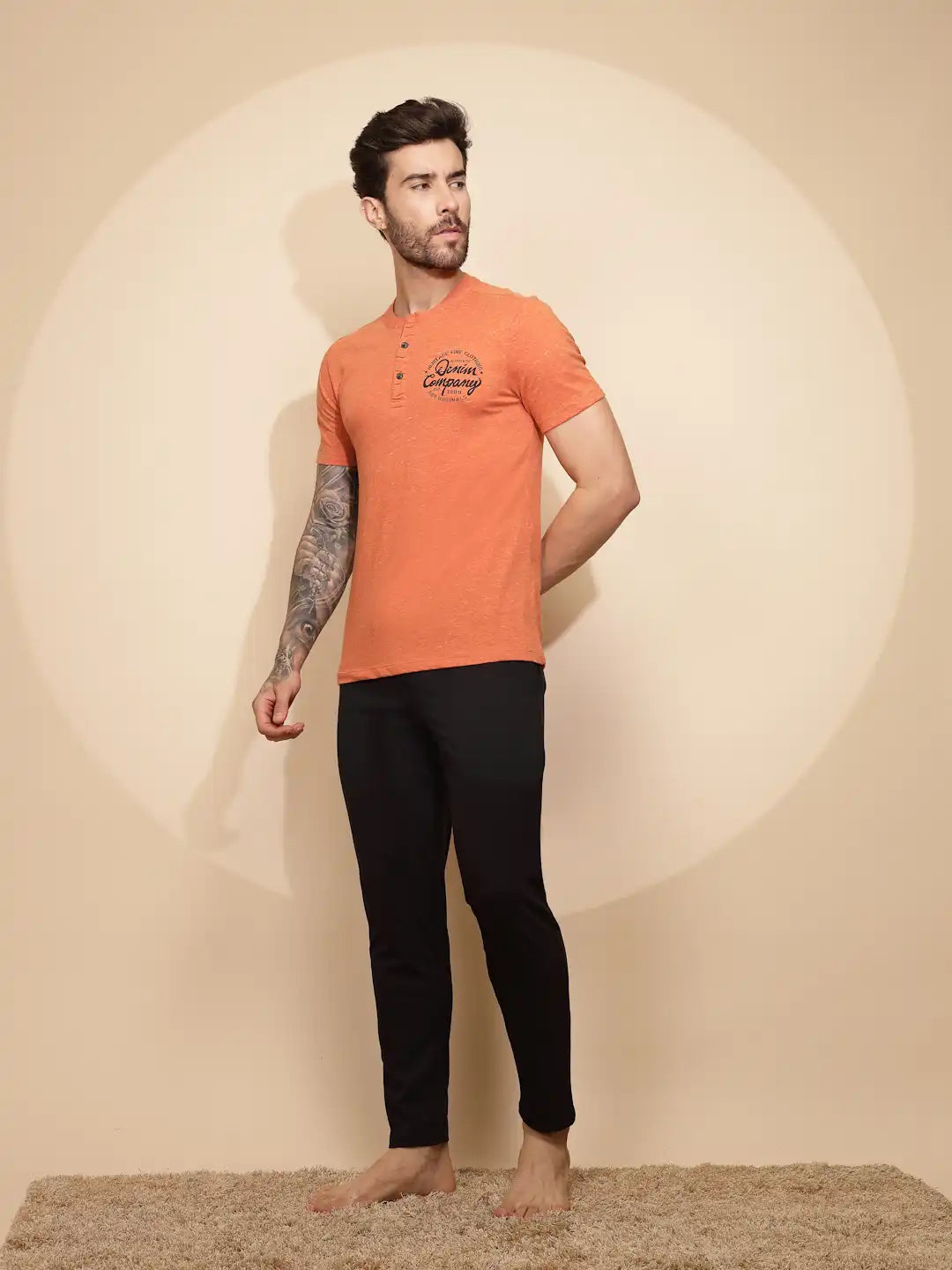 Orange Cotton Slim Fit Night Suit Set For Men
