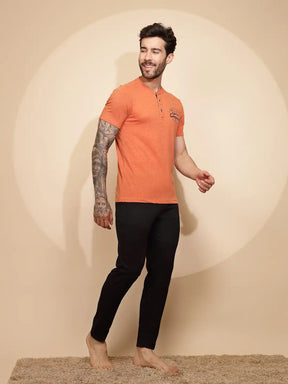 Orange Cotton Slim Fit Night Suit Set For Men