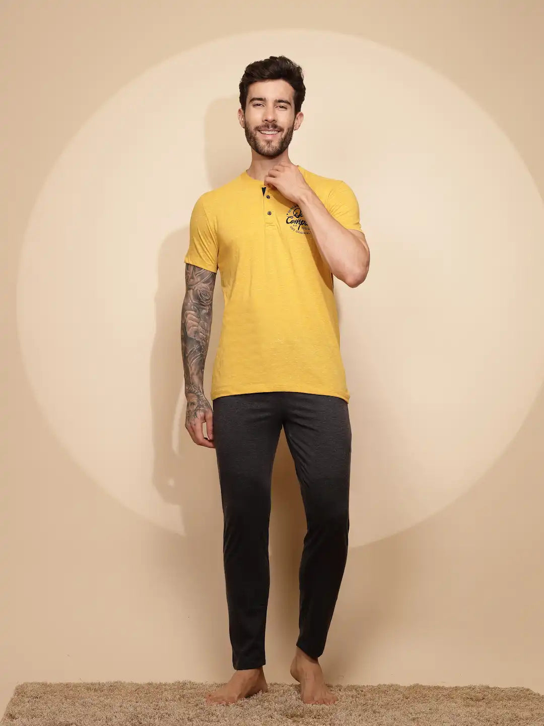Yellow Cotton Slim Fit Night Suit Set For Men