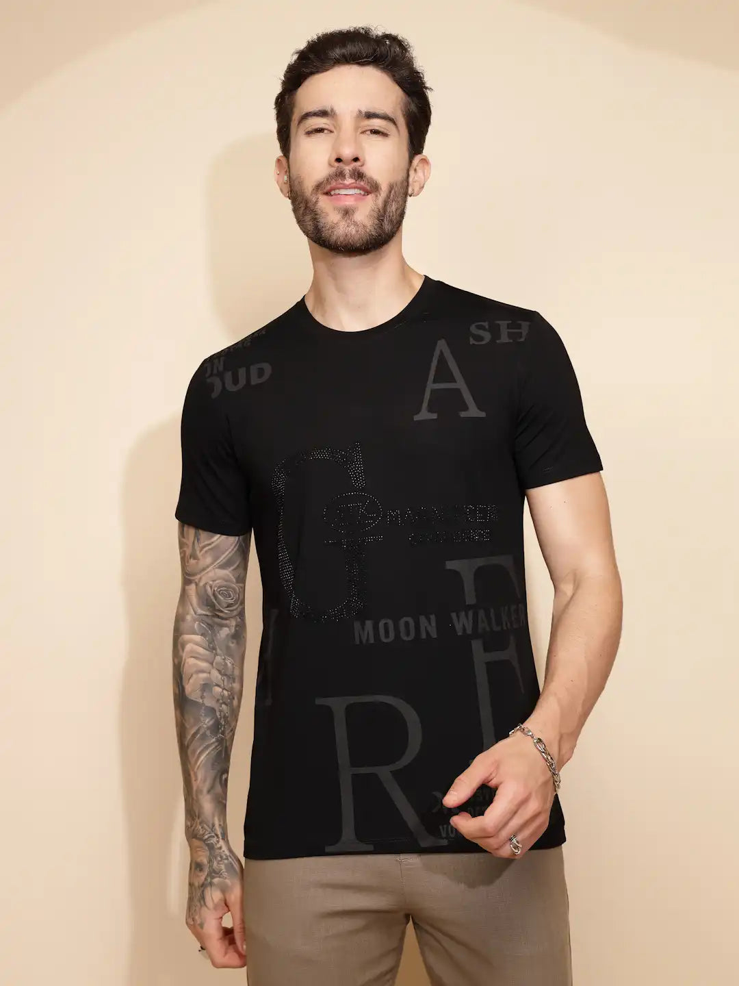 Black Viscose Blend Regular Fit T-Shirt For Men - Global Republic #