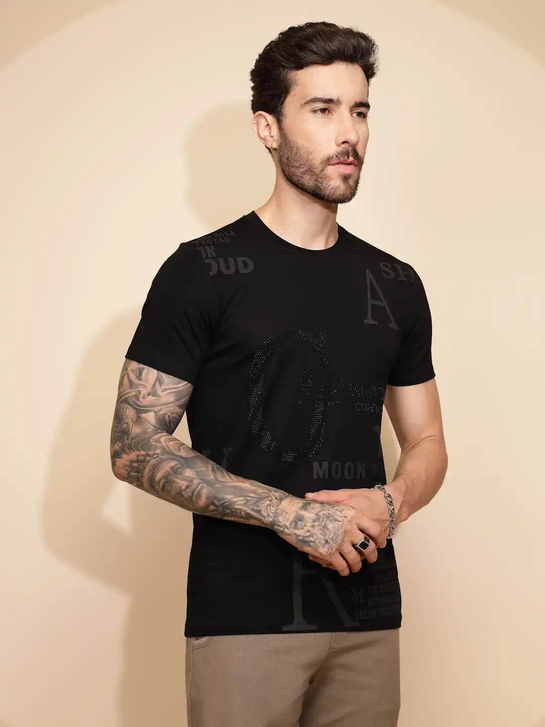 Black Viscose Blend Regular Fit T-Shirt For Men