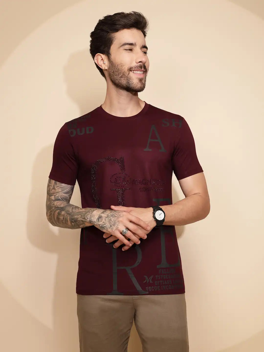 Maroon Viscose Blend  Regular Fit T-Shirt For Men - Global Republic