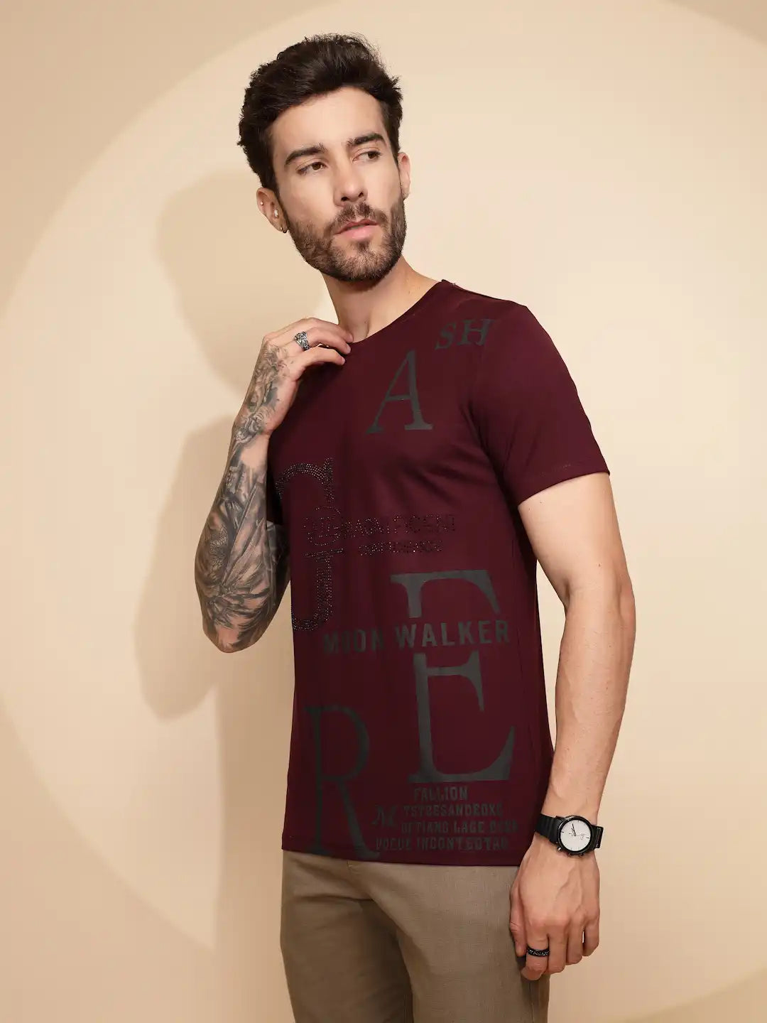 Maroon Viscose Blend  Regular Fit T-Shirt For Men - Global Republic
