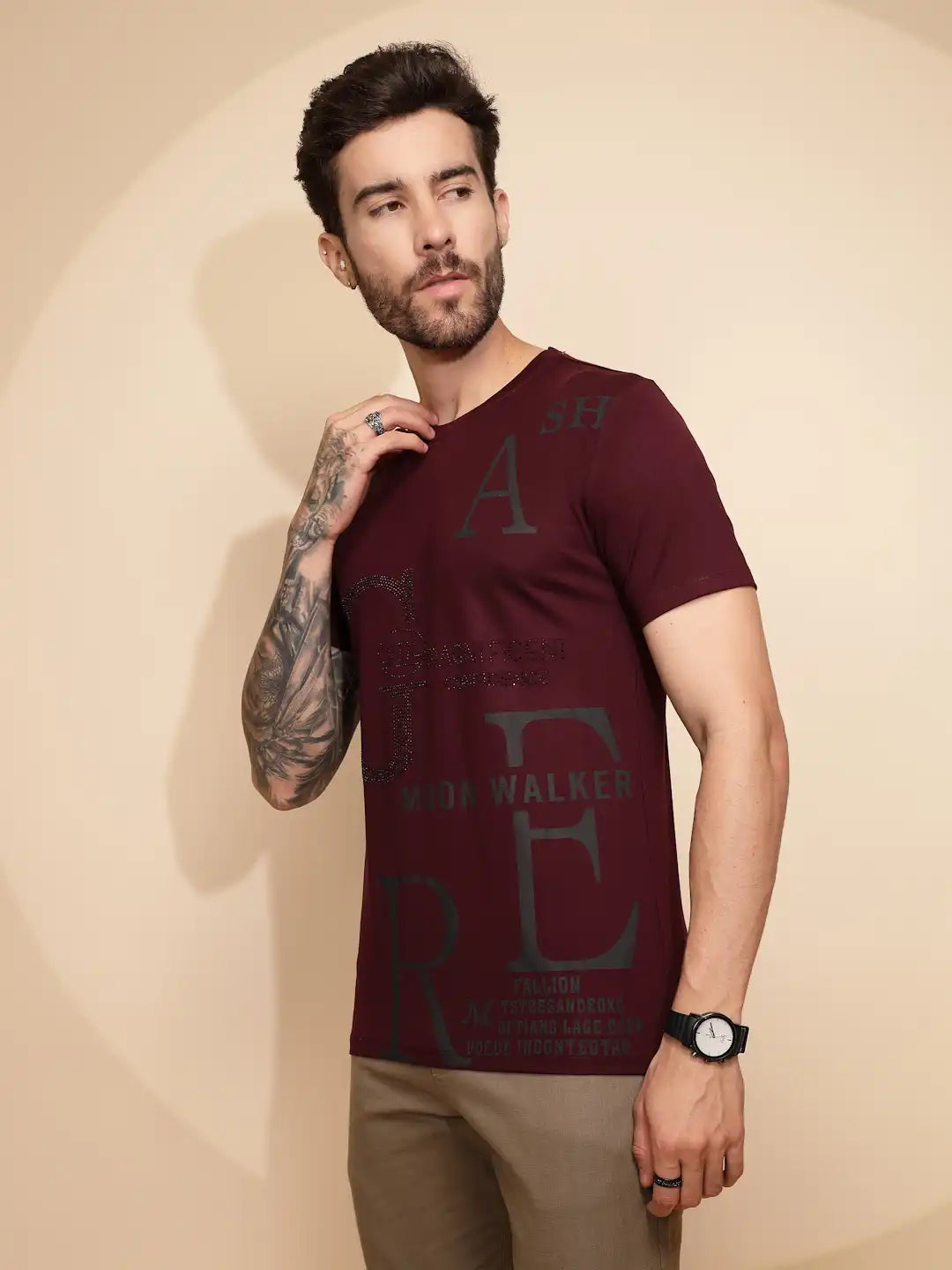 Maroon Viscose Blend  Regular Fit T-Shirt For Men - Global Republic #