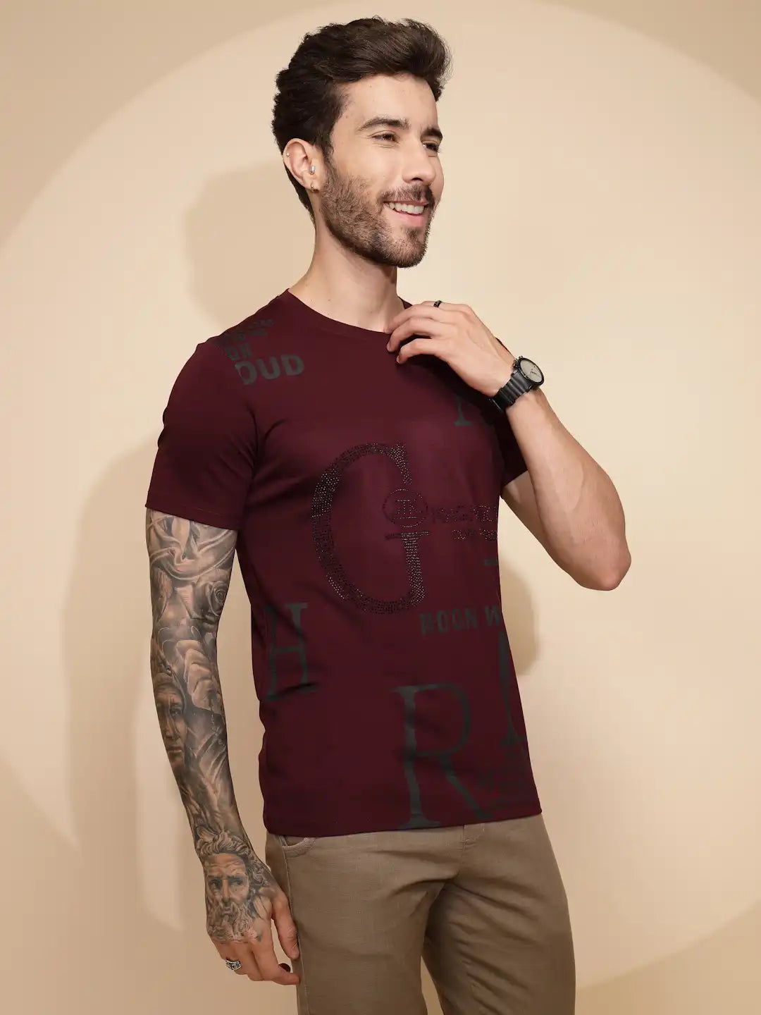 Maroon Viscose Blend  Regular Fit T-Shirt For Men - Global Republic