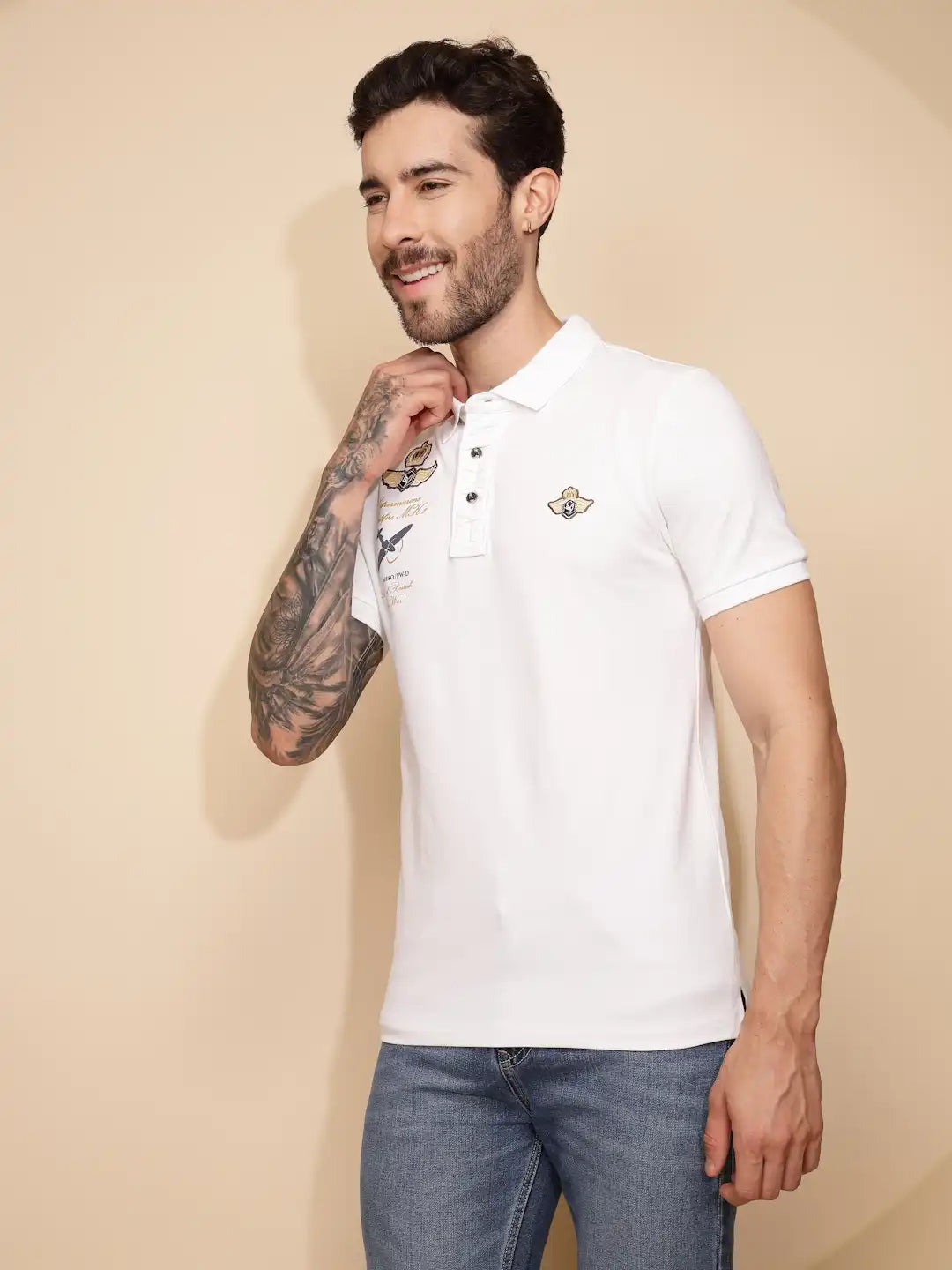 White Regular Fit Cotton Blend  T-Shirt - Global Republic