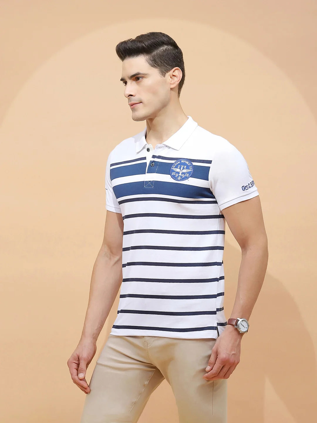 Blue cotton Regular Fit T-Shirt For Men - Global Republic
