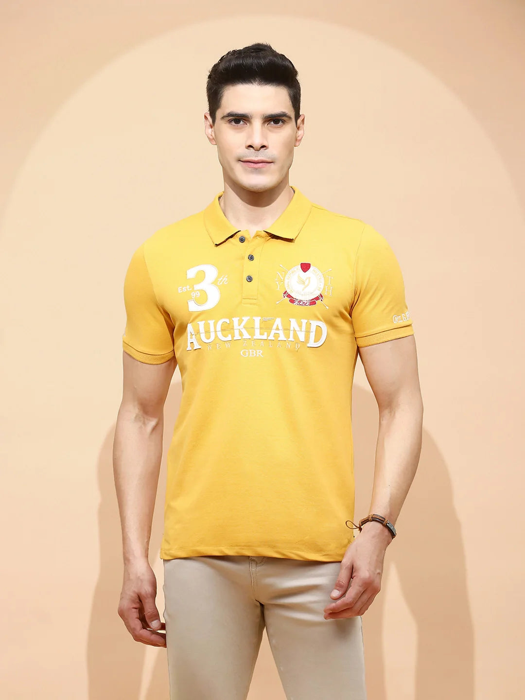 Mustard Cotton Blend Regular Fit T-Shirt For Men - Global Republic