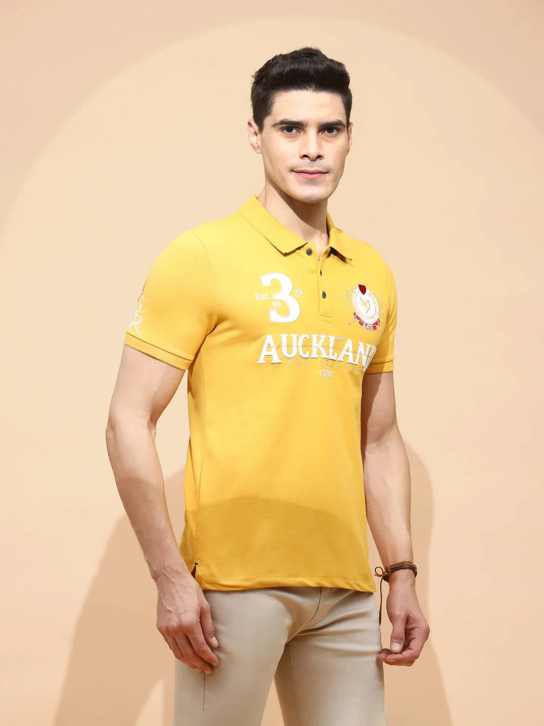 Mustard Cotton Blend Regular Fit T-Shirt For Men - Global Republic