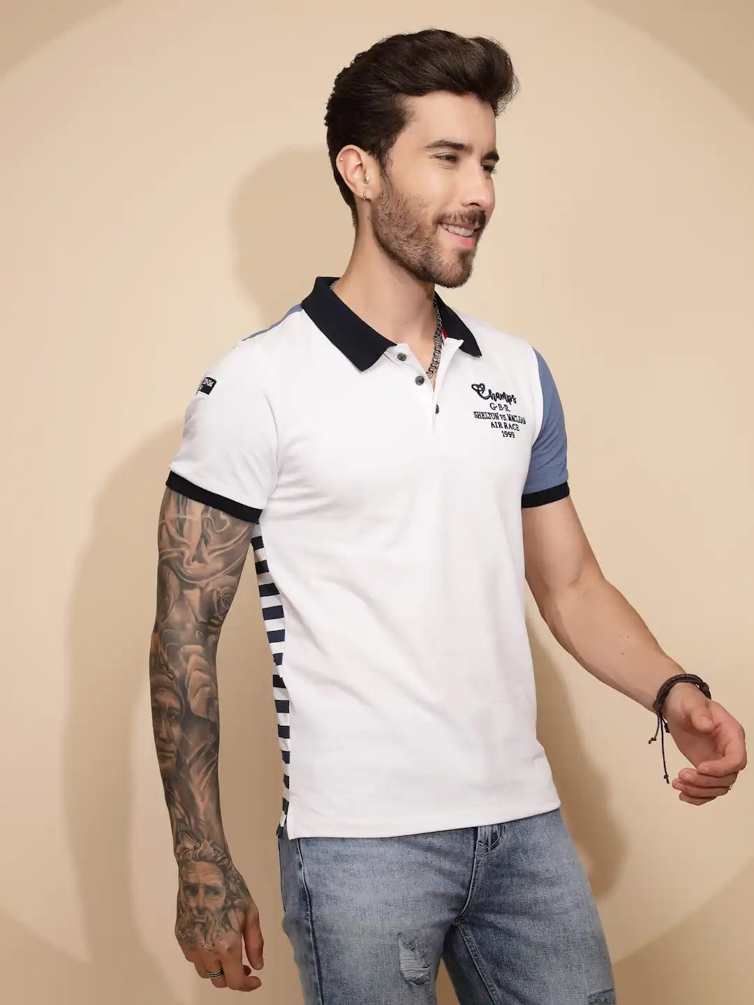 Blue Cotton Blend Regular Fit T-Shirt - Global Republic