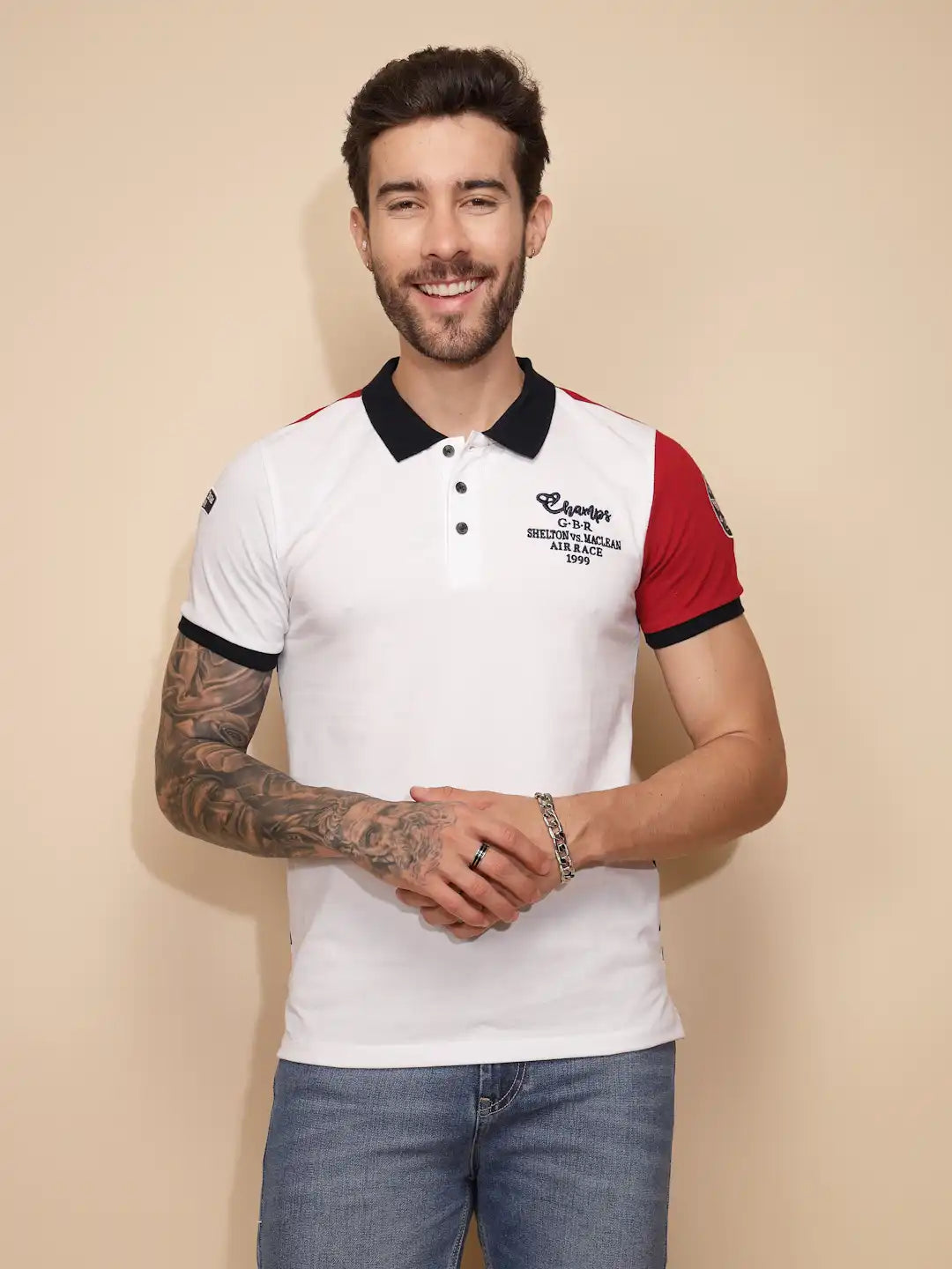 Red Cotton Blend Regular Fit T-Shirt For Men - Global Republic