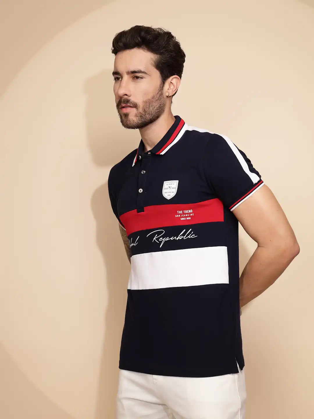 Navy Blue Cotton Regular Fit T-Shirt - Global Republic