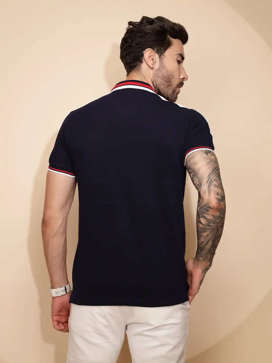Navy Blue Cotton Regular Fit T-Shirt For Men