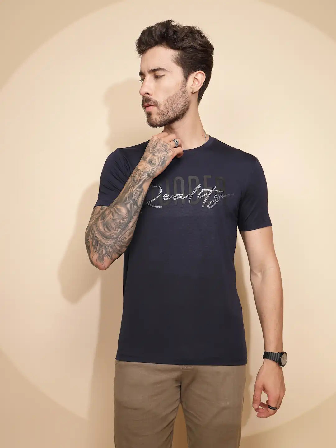 Navy Blue Viscose Blend T-Shirt - Global Republic