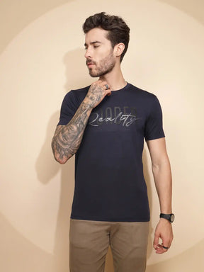 Navy Blue Viscose Blend Regular Fit T-Shirt For Men