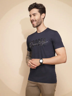 Navy Blue Viscose Blend Regular Fit T-Shirt For Men