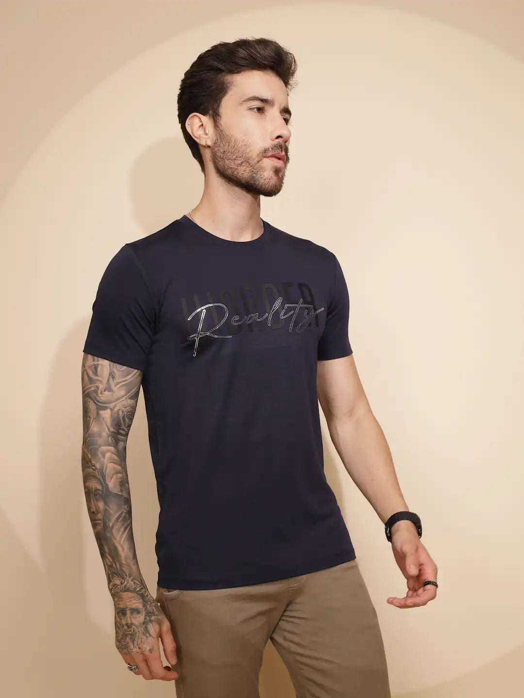 Navy Blue Viscose Blend Regular Fit T-Shirt For Men