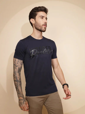 Navy Blue Viscose Blend Regular Fit T-Shirt For Men