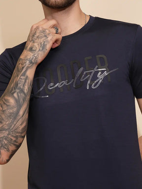 Navy Blue Viscose Blend Regular Fit T-Shirt For Men