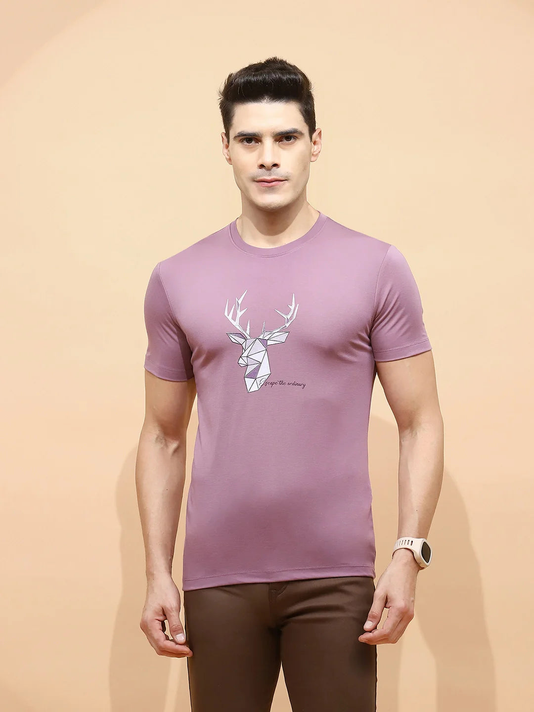 Mauve Viscose Blend Regular Fit T-Shirt For Men - Global Republic