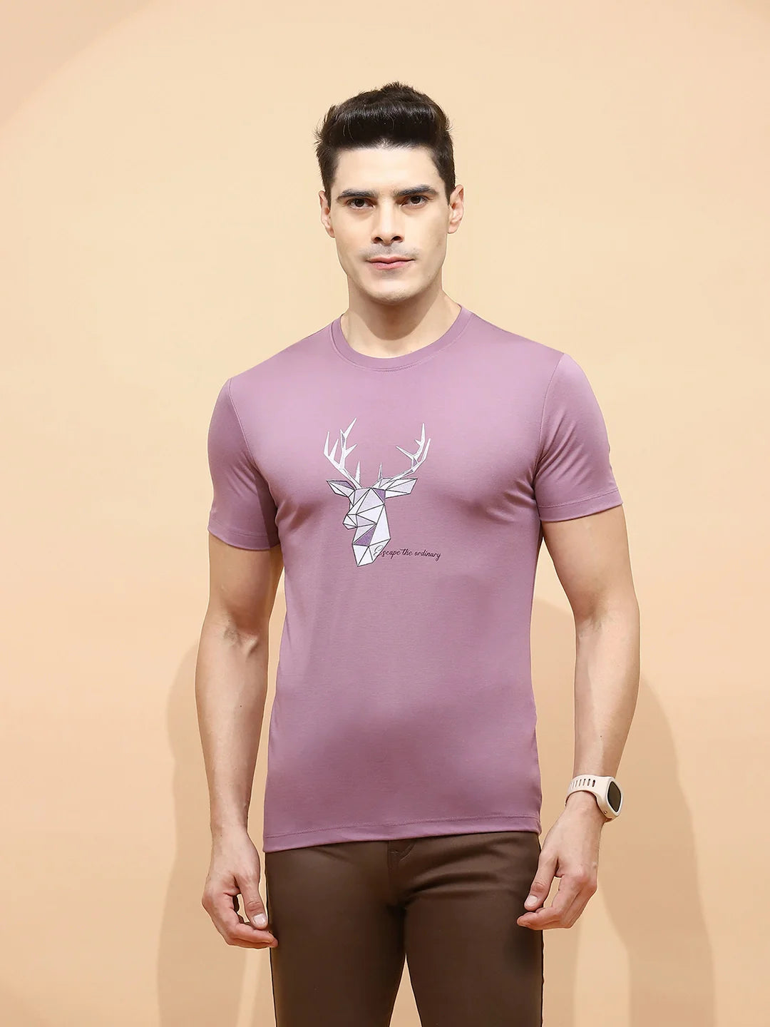 Mauve Viscose Blend Regular Fit T-Shirt For Men