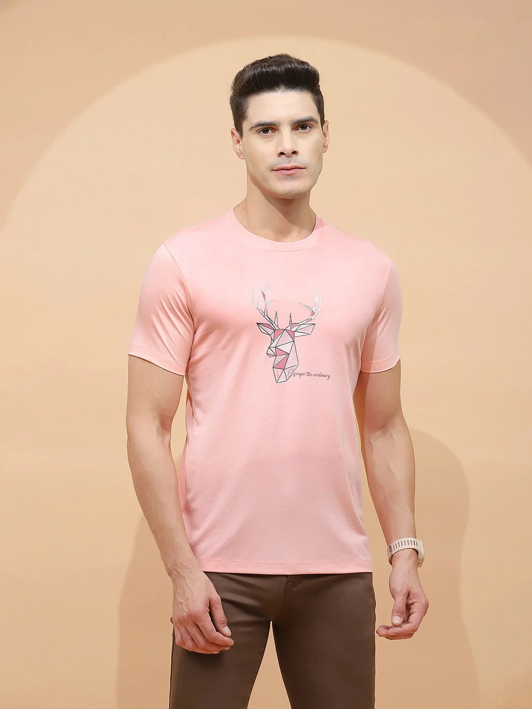 Peach Viscose Blend Regular Fit T-Shirt For Men