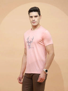 Peach Viscose Blend Regular Fit T-Shirt For Men