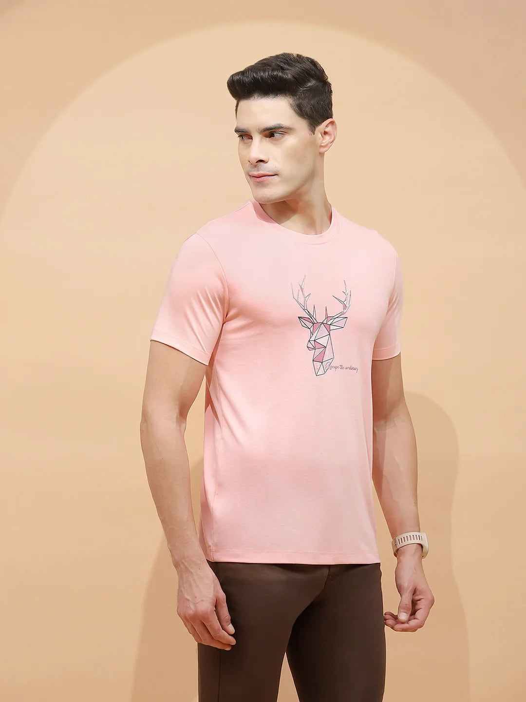 Peach Viscose Blend Regular Fit T-Shirt For Men