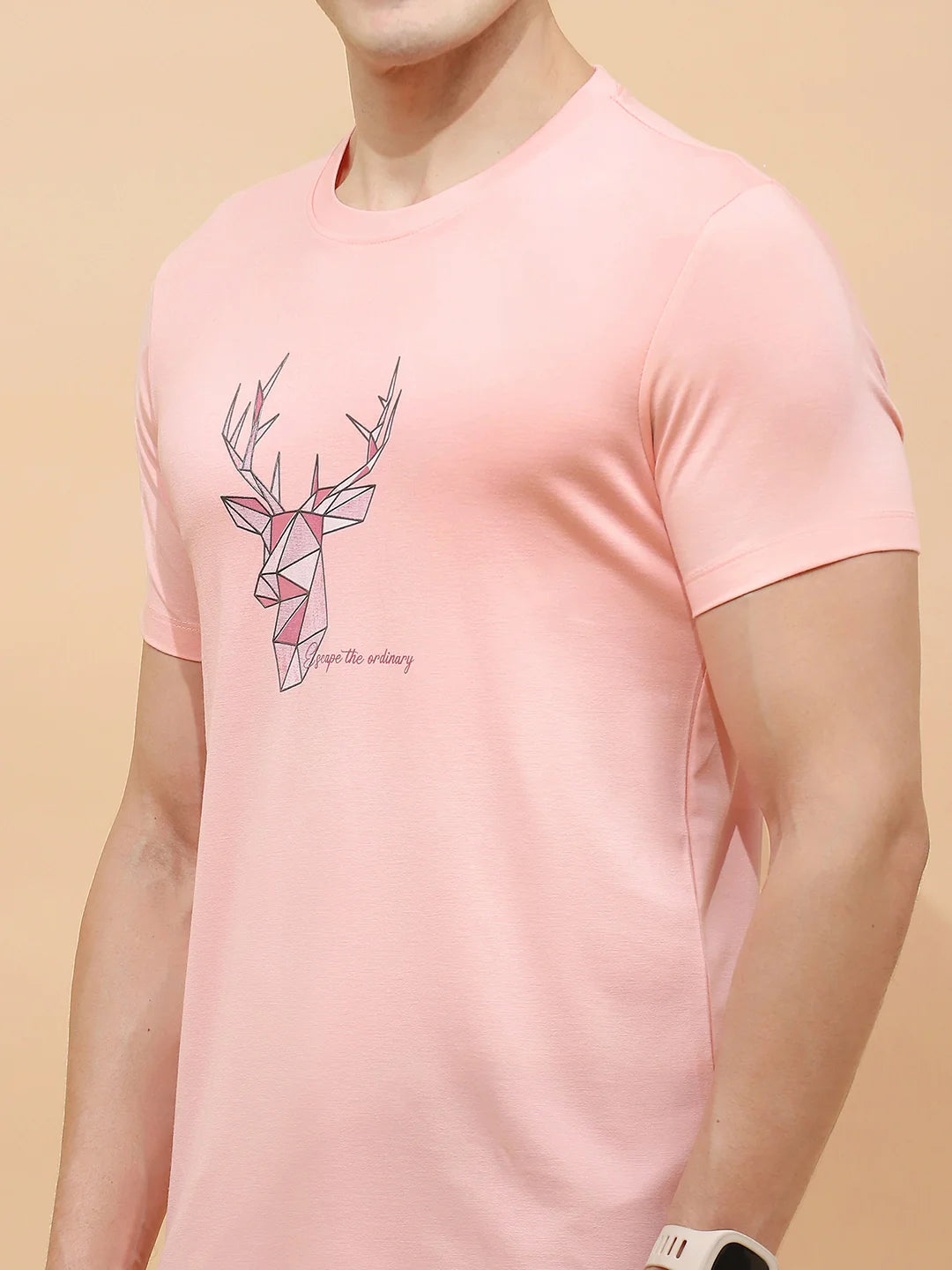 Peach Viscose Blend Regular Fit T-Shirt For Men