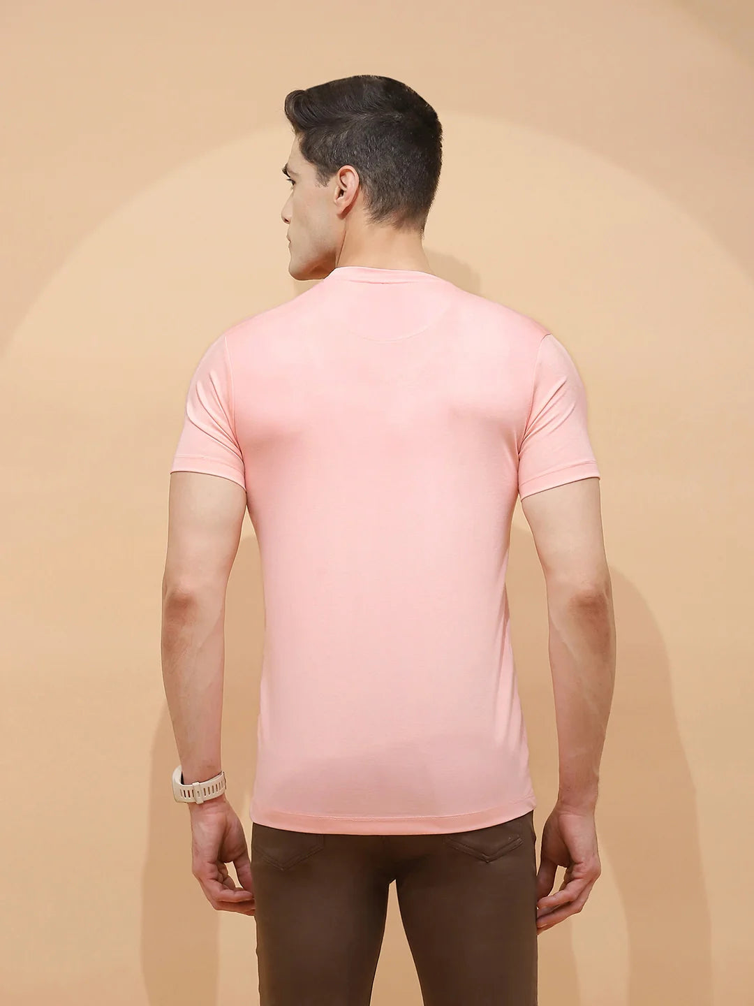 Peach Viscose Blend Regular Fit T-Shirt For Men