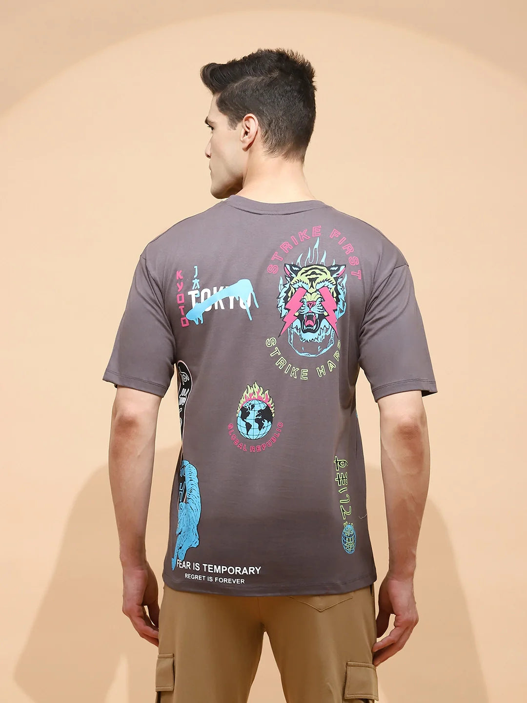 Grey Cotton Regular Fit T-Shirt For Men - Global Republic