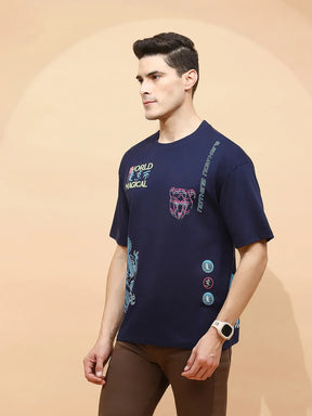 Navy Cotton Regular Fit T-Shirt For Men